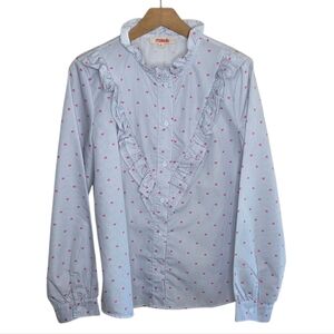 Mazik | Blue-Gray White Striped Pink Hearts Ruffle Button Front Shirt Size Large